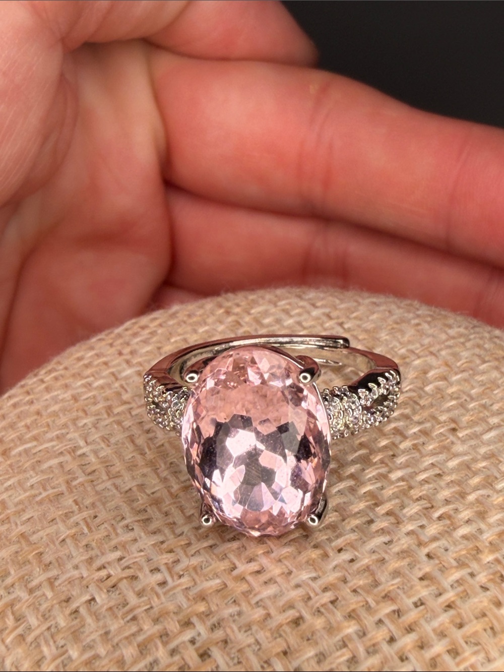 Pink Oval Stone Pavé Ring - Women Jewelry Sz 6 adjustable